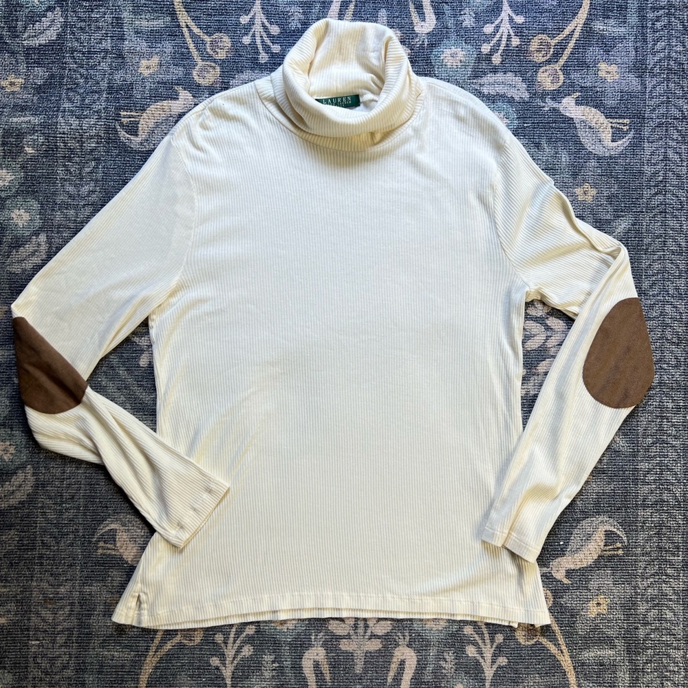 Lauren Ralph Lauren ribbed elbow patch cream cotton turtleneck